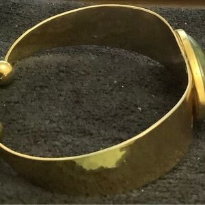 Gold-Tone Cuff Bracelet W/Green Stone & Round End Accents
